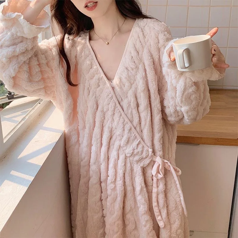 New Winter Women Thick Fleece Robe Girls Student Tie-waist Mid-length Loungewear Woman Warm Solid Color Bathrobe Ladies Homewear - Image 2