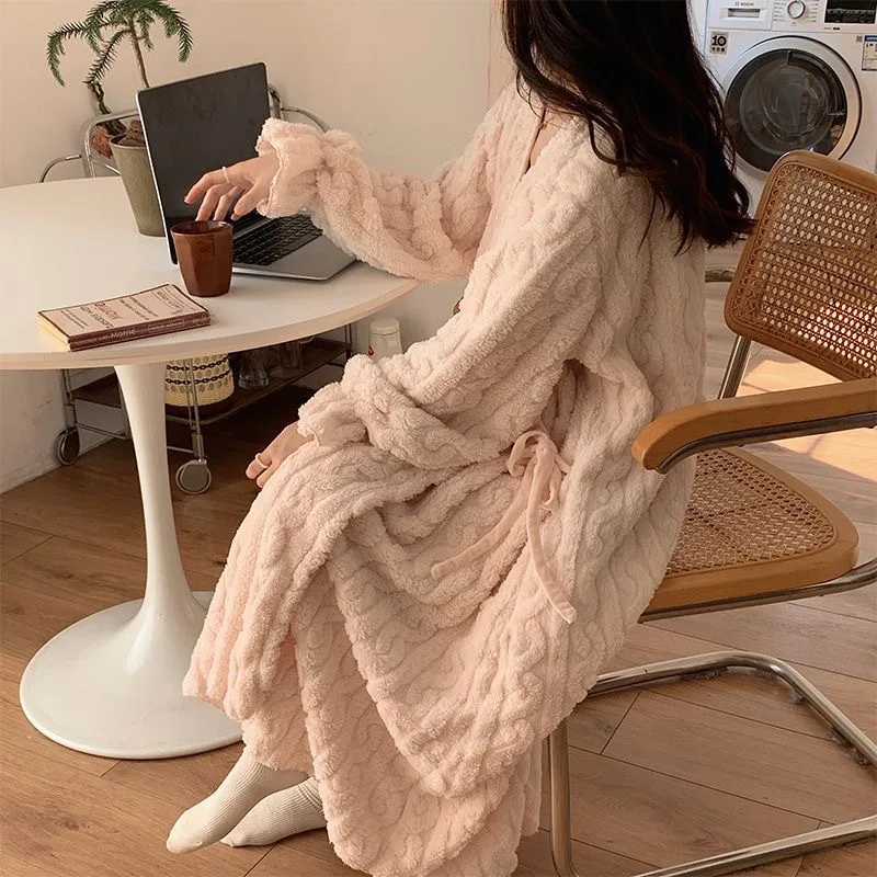 New Winter Women Thick Fleece Robe Girls Student Tie-waist Mid-length Loungewear Woman Warm Solid Color Bathrobe Ladies Homewear - Image 4
