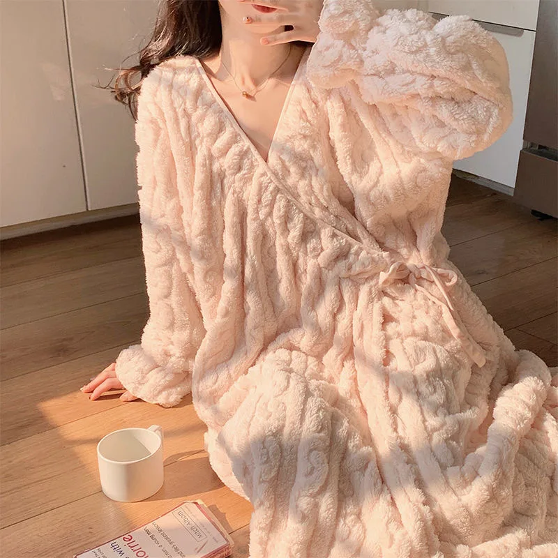 New Winter Women Thick Fleece Robe Girls Student Tie-waist Mid-length Loungewear Woman Warm Solid Color Bathrobe Ladies Homewear - Image 3