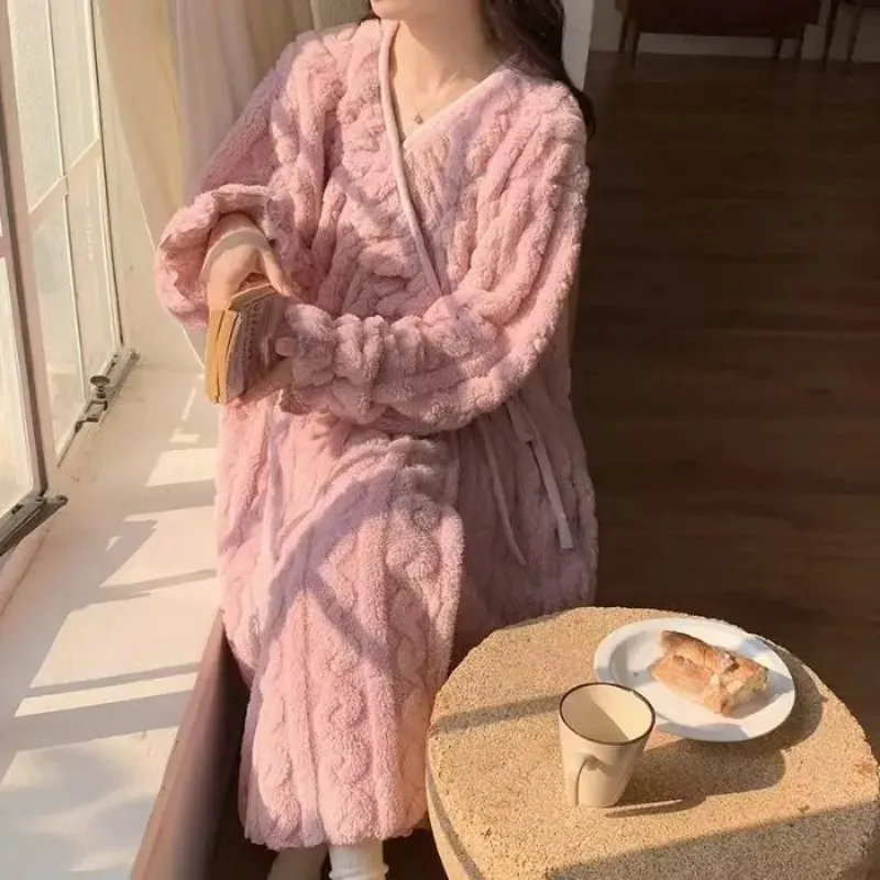 New Winter Women Thick Fleece Robe Girls Student Tie-waist Mid-length Loungewear Woman Warm Solid Color Bathrobe Ladies Homewear - Image 5