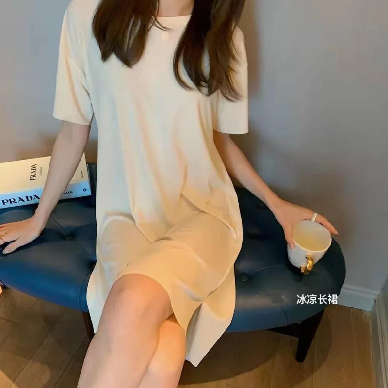 New Women Summer Ice Silk Nightdress Girls Student Loose Dress Woman Casual Homewear Ladies Short-sleeve Nightdress Worn Outside - Image 3