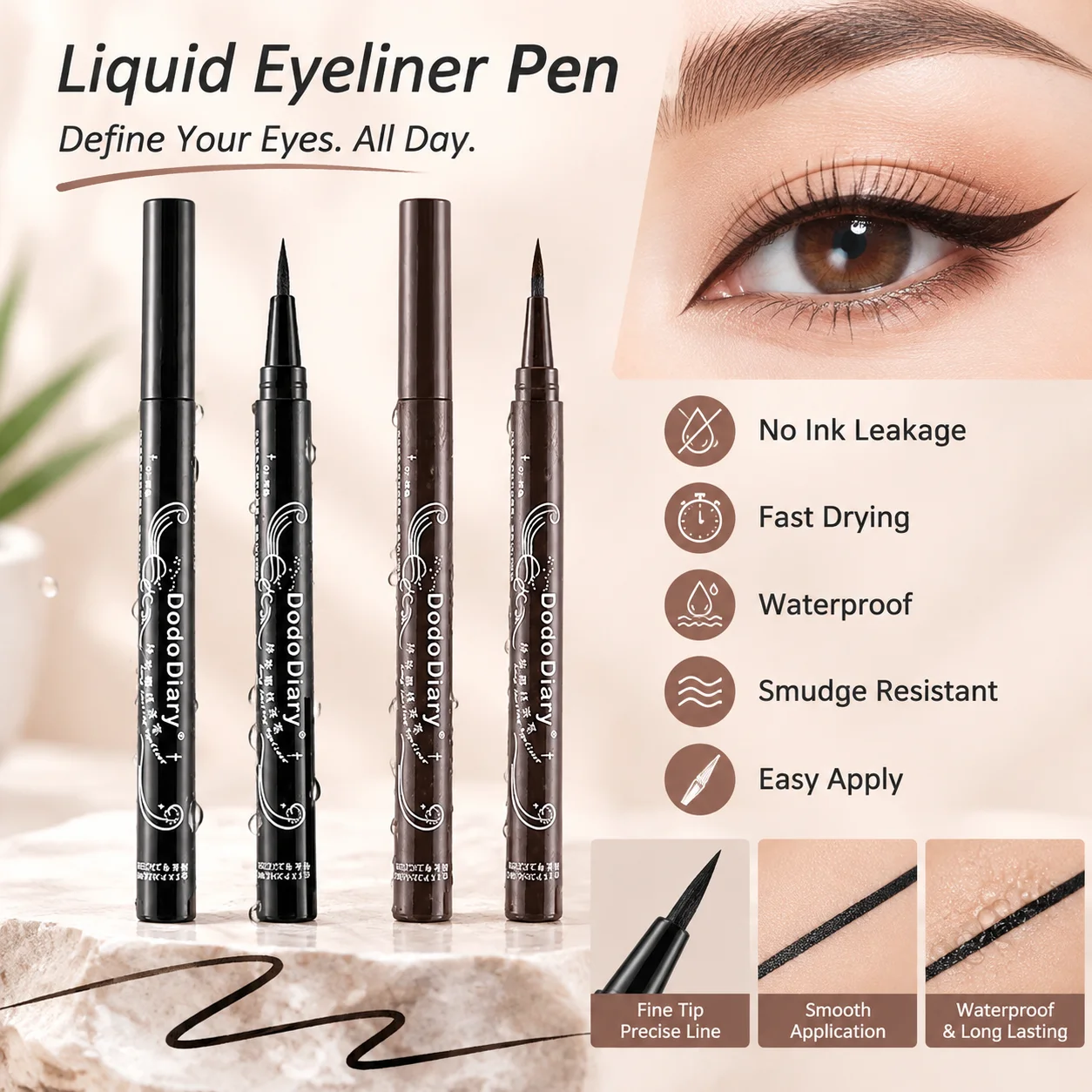 No Ink Leakage Fast Drying Waterproof Liquid Eyeliner Pen Smooth Durable Smudge Resistant Easy Apply