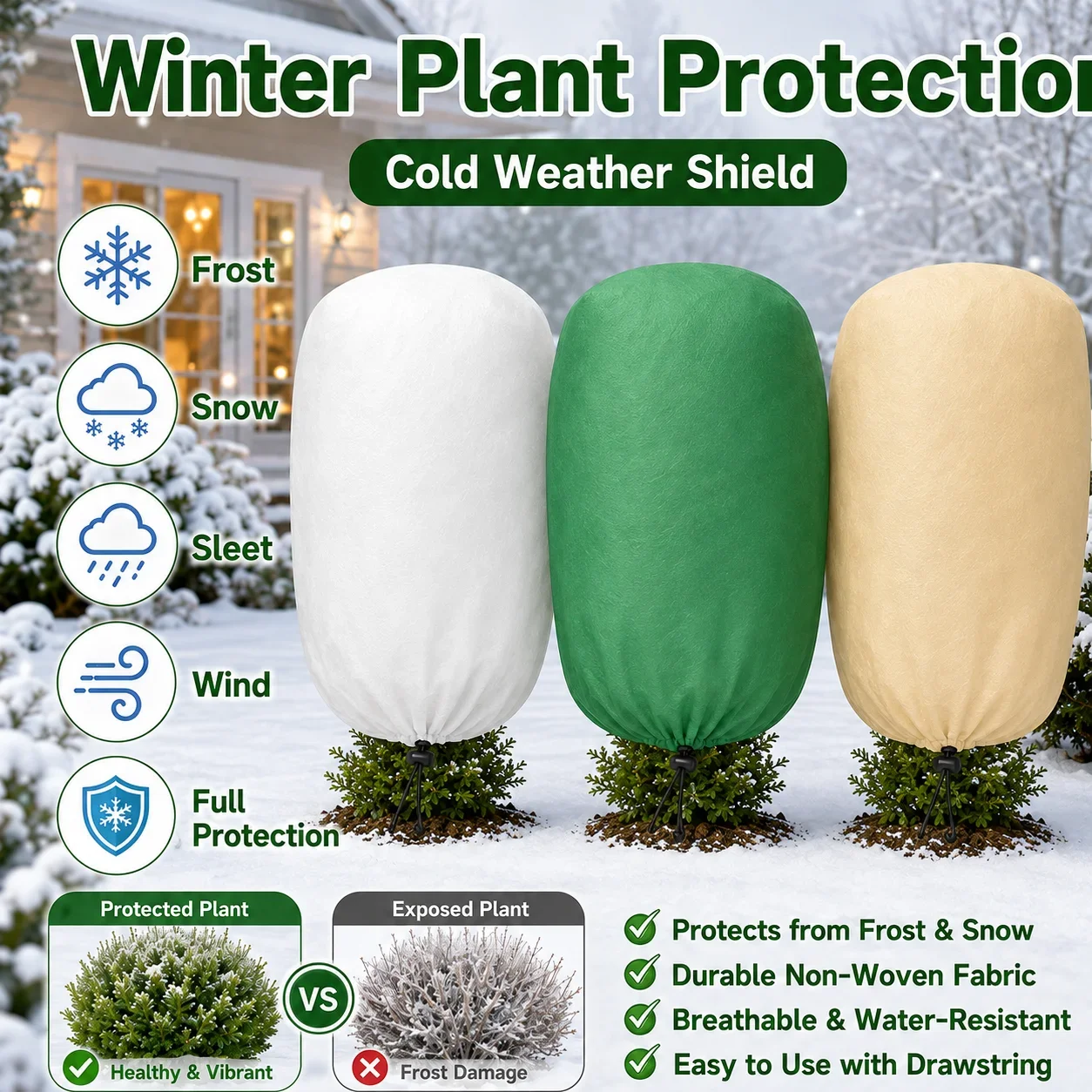 Non-Woven Winter Plant Frost Protection Cover with Drawstring, Anti-Freeze Cold Weather Warm Bag for Trees Shrubs Outdoor Garden - Image 4