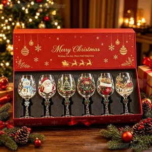 Novelty Christmas Wine Glasses Single 6Pcs Gift Box Set Christmas Stocking Tree Wreath Goblet for Christmas Party Decoration