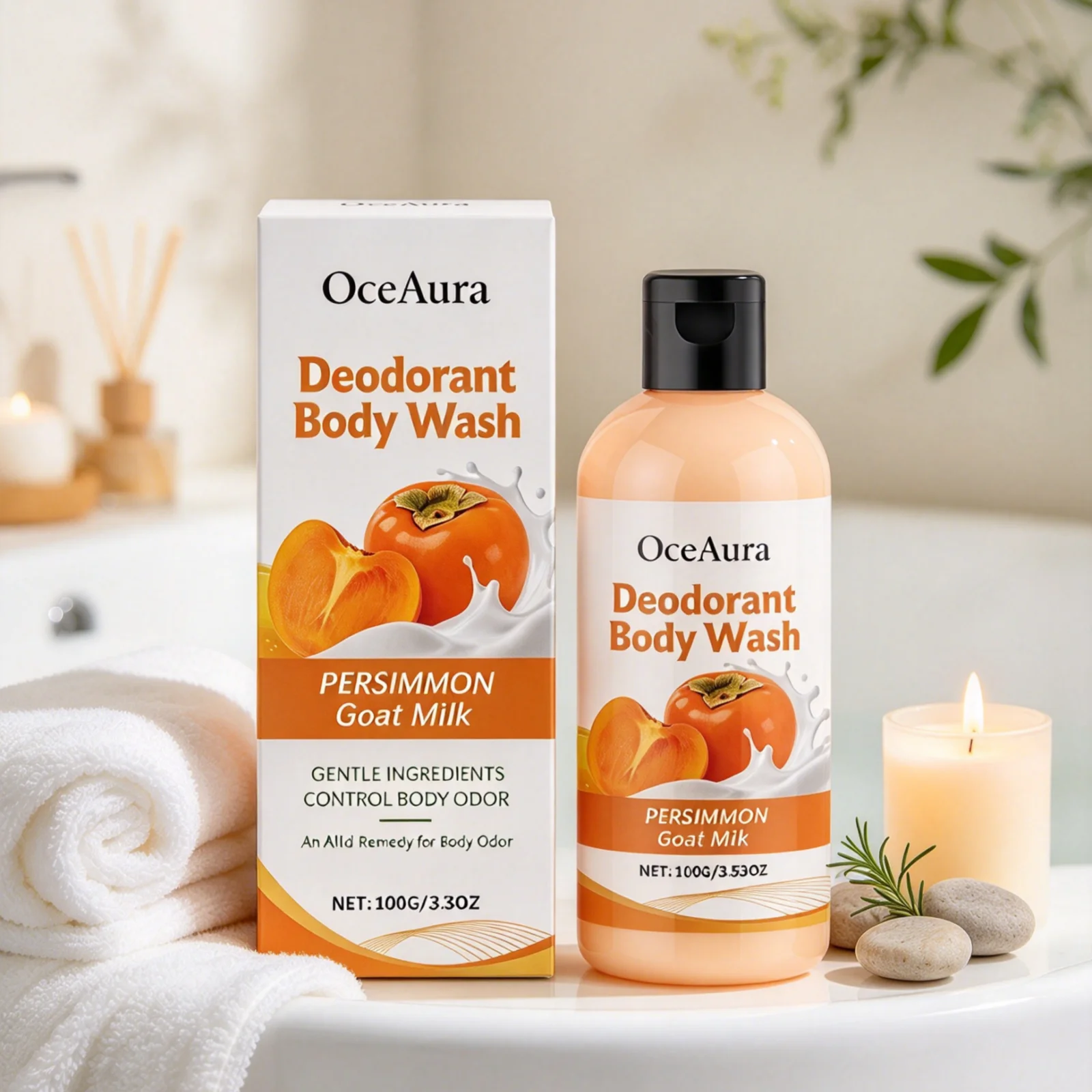 OceAura Deodorant Body Wash Gentle Cleansing Long Lasting Moisturizing Skin Refreshing Fresh Fragrance Persimmon Shower Gel 100g - Image 4