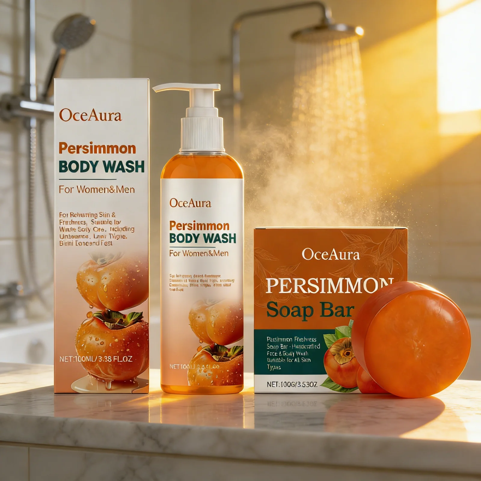 OceAura Persimmon Shower Gel Set Rich Foam Softens Skin Deep Cleansing Long Lasting Fragrance Natural Fruit Extracts Soap Bar - Image 4