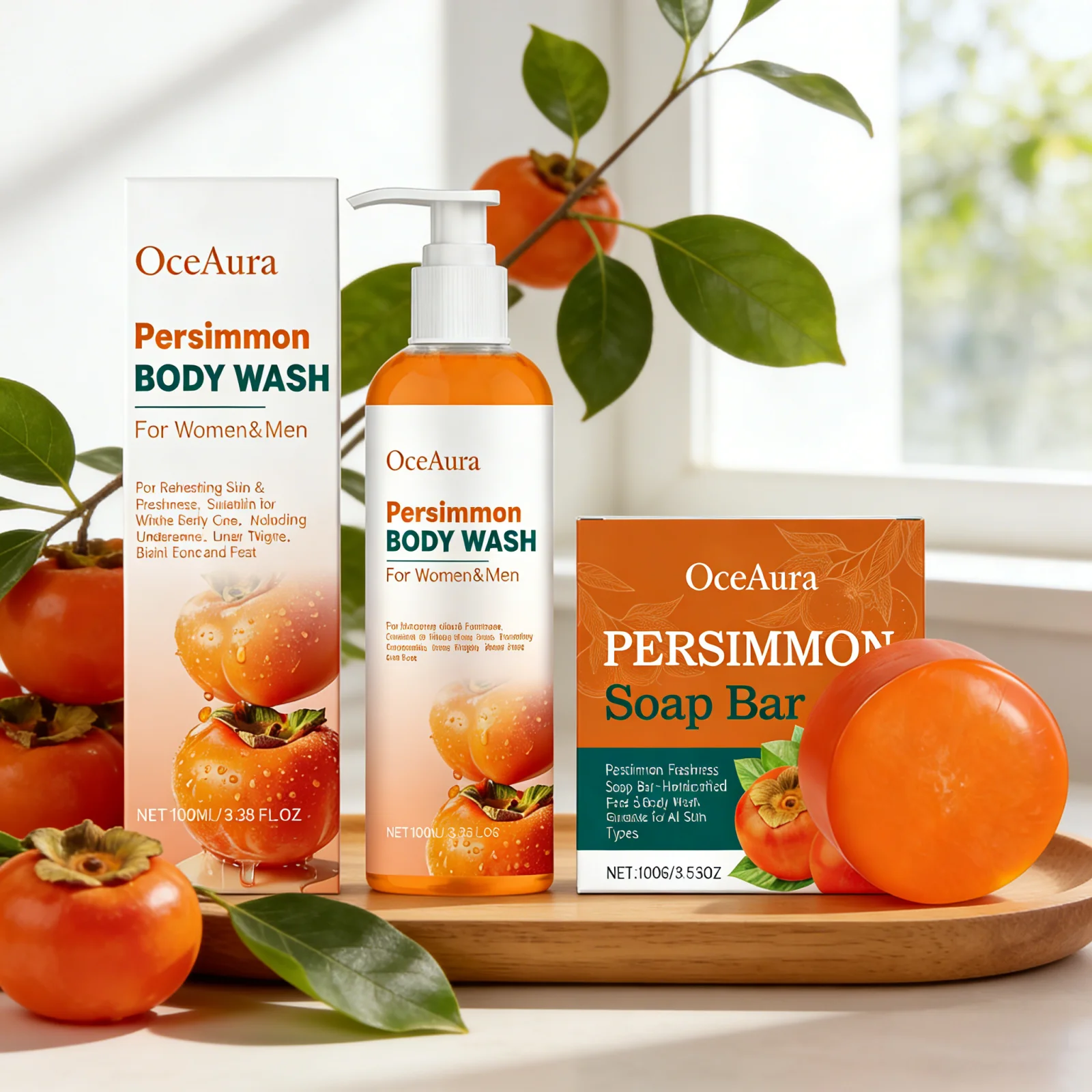 OceAura Persimmon Shower Gel Set Rich Foam Softens Skin Deep Cleansing Long Lasting Fragrance Natural Fruit Extracts Soap Bar - Image 6