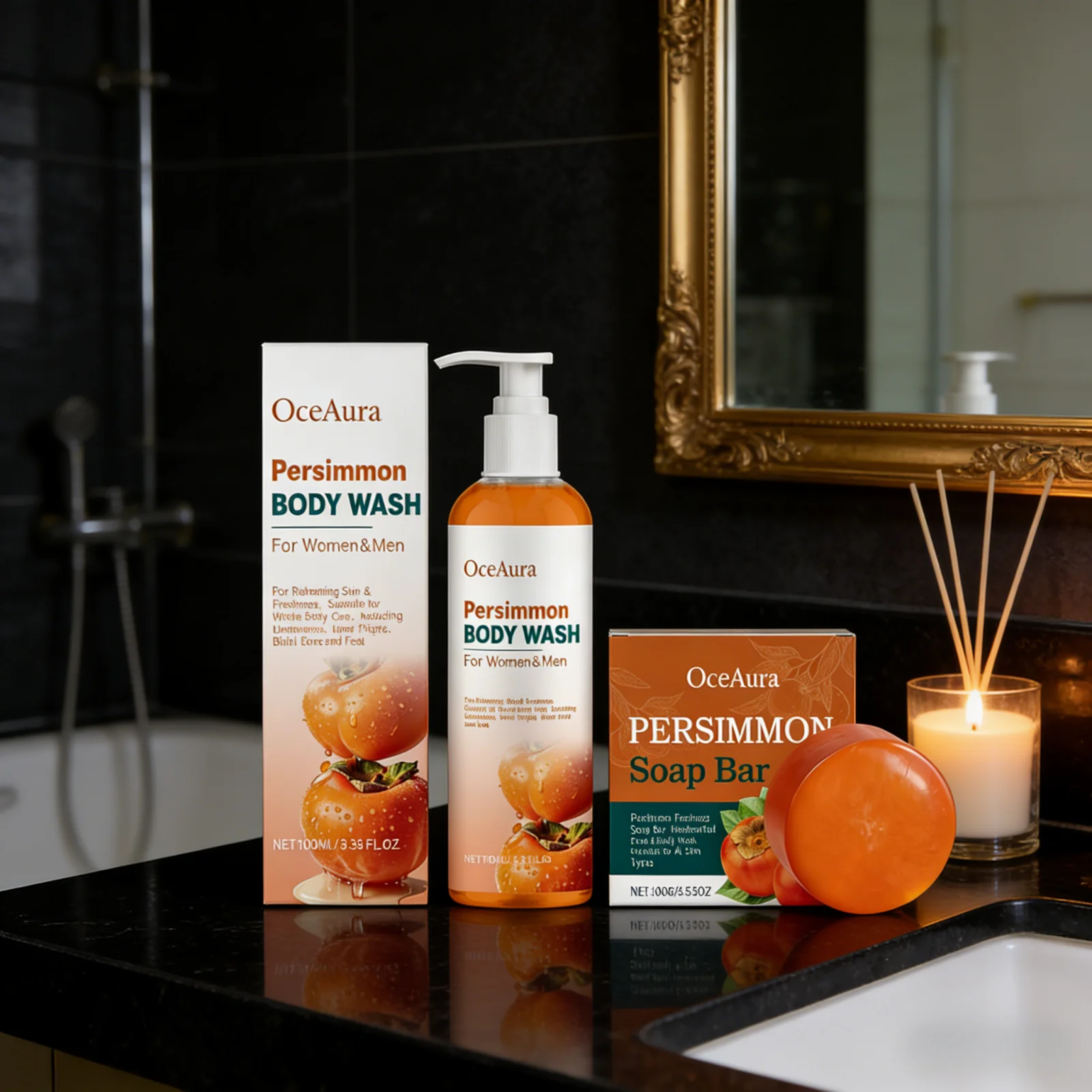 OceAura Persimmon Shower Gel Set Rich Foam Softens Skin Deep Cleansing Long Lasting Fragrance Natural Fruit Extracts Soap Bar - Image 3