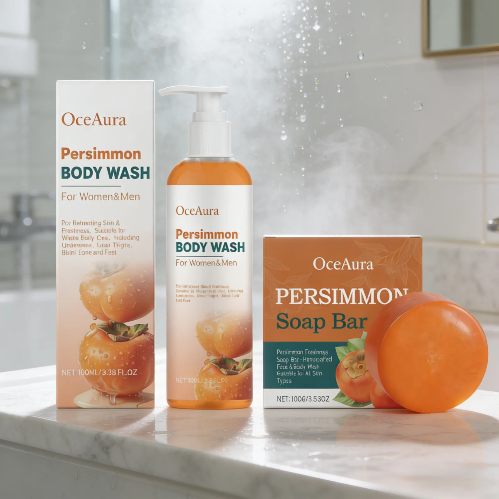 OceAura Persimmon Shower Gel Set Rich Foam Softens Skin Deep Cleansing Long Lasting Fragrance Natural Fruit Extracts Soap Bar - Image 5