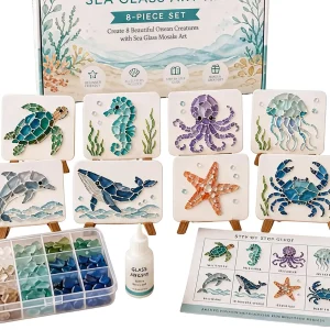 Ocean Life Sea Glass Mosaic Art DIY Craft Kit Coastal Marine Animal Mosaic Making Supplies Nautical Home Decor Handmade Gift