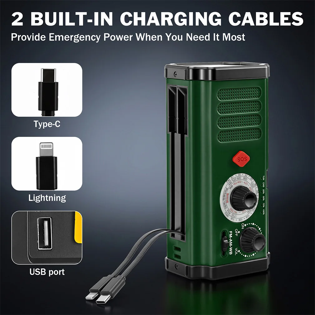 Outdoor Emergency Weather Radio Portable Solar Hand Crank FM AM WB Radio with SOS Alarm Flashlight Rechargeable Power Bank - Image 2
