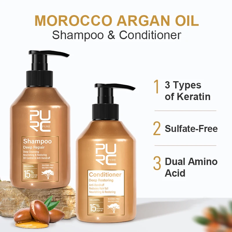PURC Morocco Argan Oil Shampoo Conditioner Set Smoothing Nourishing Repair Damaged Frizz Hair Scalp Treatment Hair Care