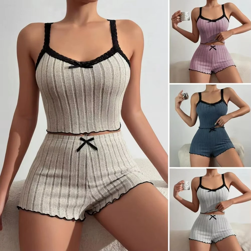 Pajama Suit Suspender Shorts Sexy Bow Print Milk Silk Suit Comfortable Home Wear Women's Pajama Suit - Image 3
