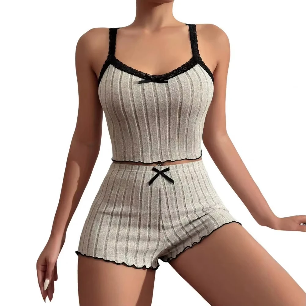 Pajama Suit Suspender Shorts Sexy Bow Print Milk Silk Suit Comfortable Home Wear Women's Pajama Suit - Image 4