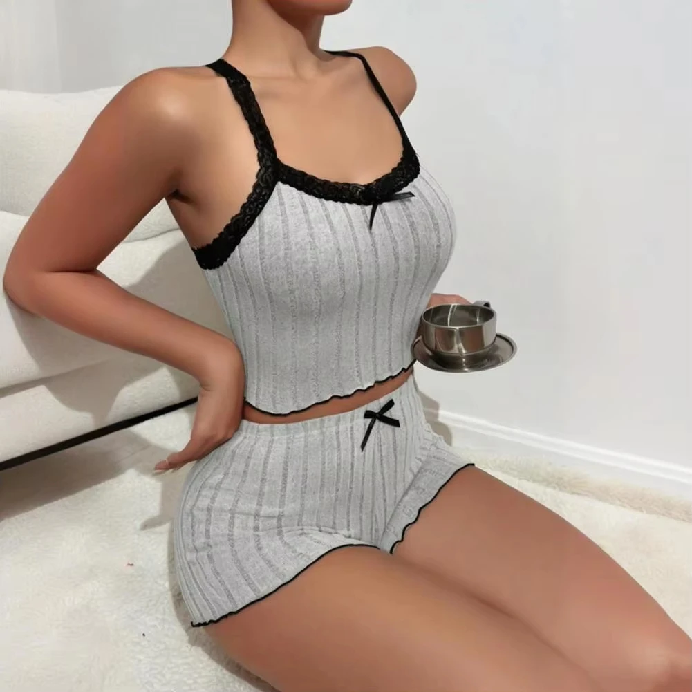 Pajama Suit Suspender Shorts Sexy Bow Print Milk Silk Suit Comfortable Home Wear Women's Pajama Suit - Image 5