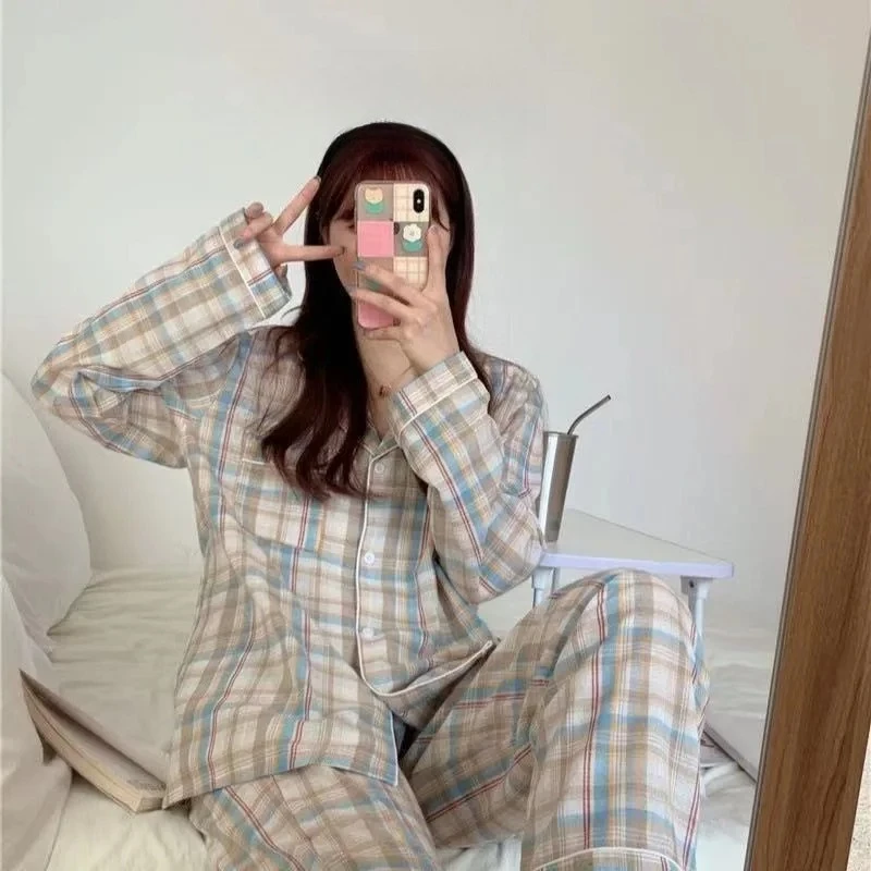 Pajamas Female Autumn and Winter Long-Sleeved Sweet Nightwear Homewear Two-Piece Set Women Plaid Casual Simple Sleepwear - Image 4