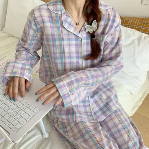 Pajamas Female Autumn and Winter Long-Sleeved Sweet Nightwear Homewear Two-Piece Set Women Plaid Casual Simple Sleepwear
