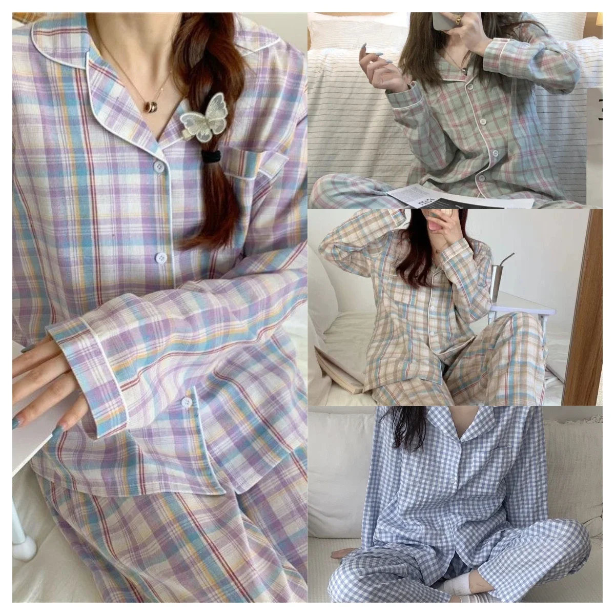 Pajamas Female Autumn and Winter Long-Sleeved Sweet Nightwear Homewear Two-Piece Set Women Plaid Casual Simple Sleepwear - Image 5