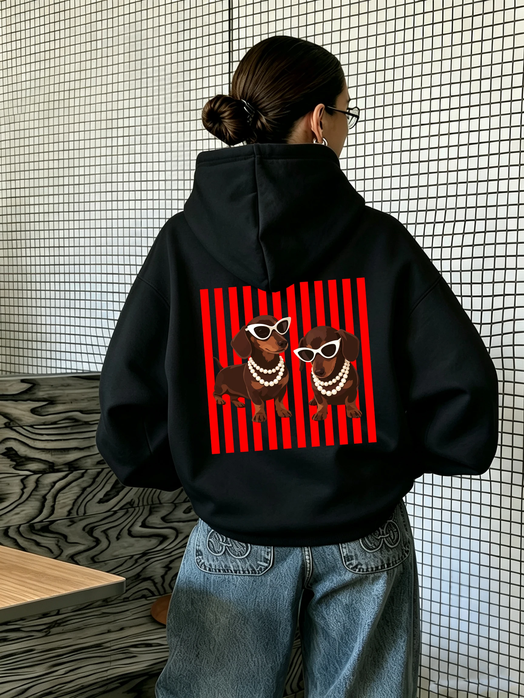 Pearl Dachshund Dog Printed Women Hoody Loose Autumn Hoodies Fleece Jogging Streetwear Pocket Sports Casual Unisex Y2K Hoodie - Image 2
