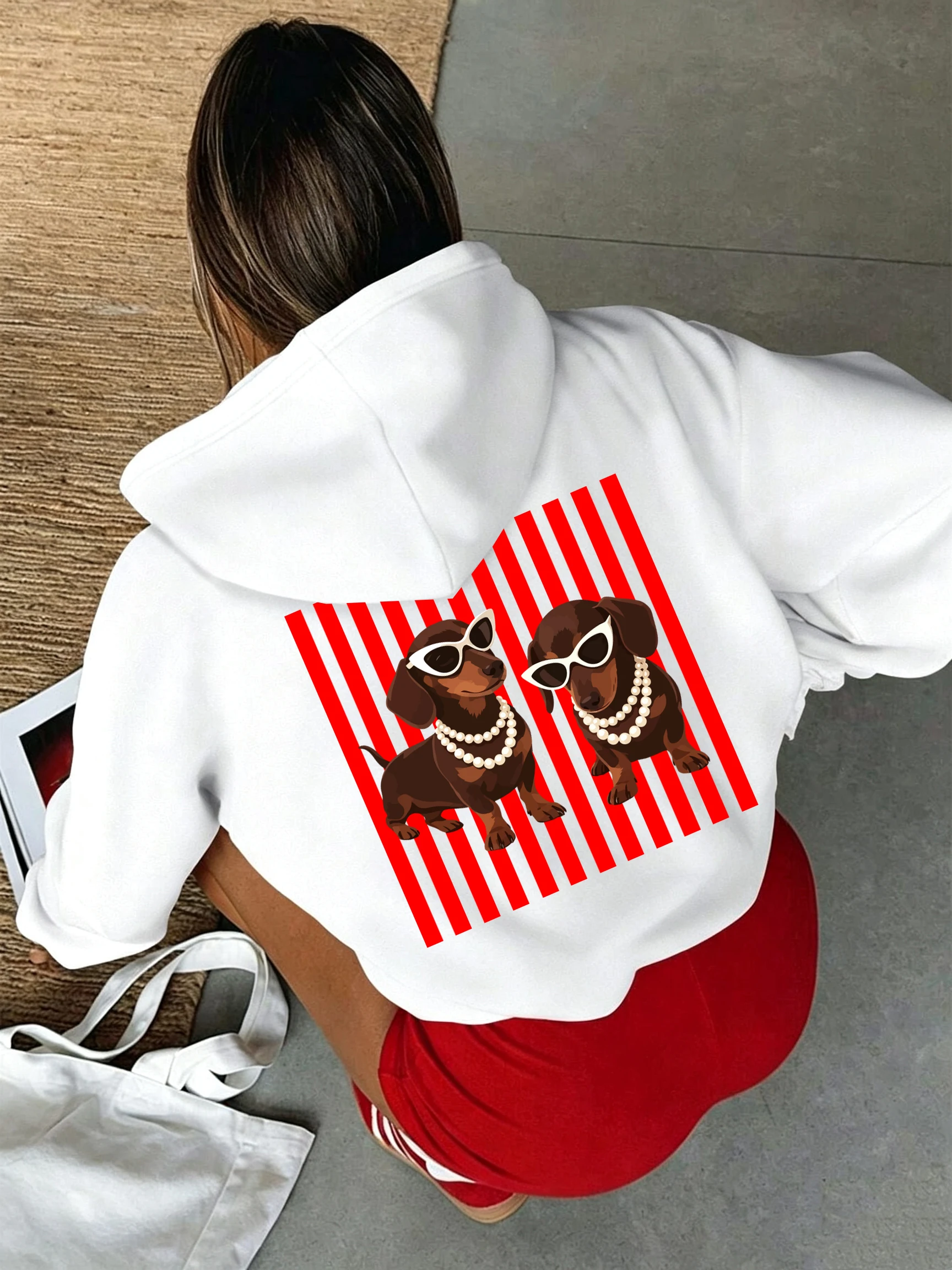 Pearl Dachshund Dog Printed Women Hoody Loose Autumn Hoodies Fleece Jogging Streetwear Pocket Sports Casual Unisex Y2K Hoodie