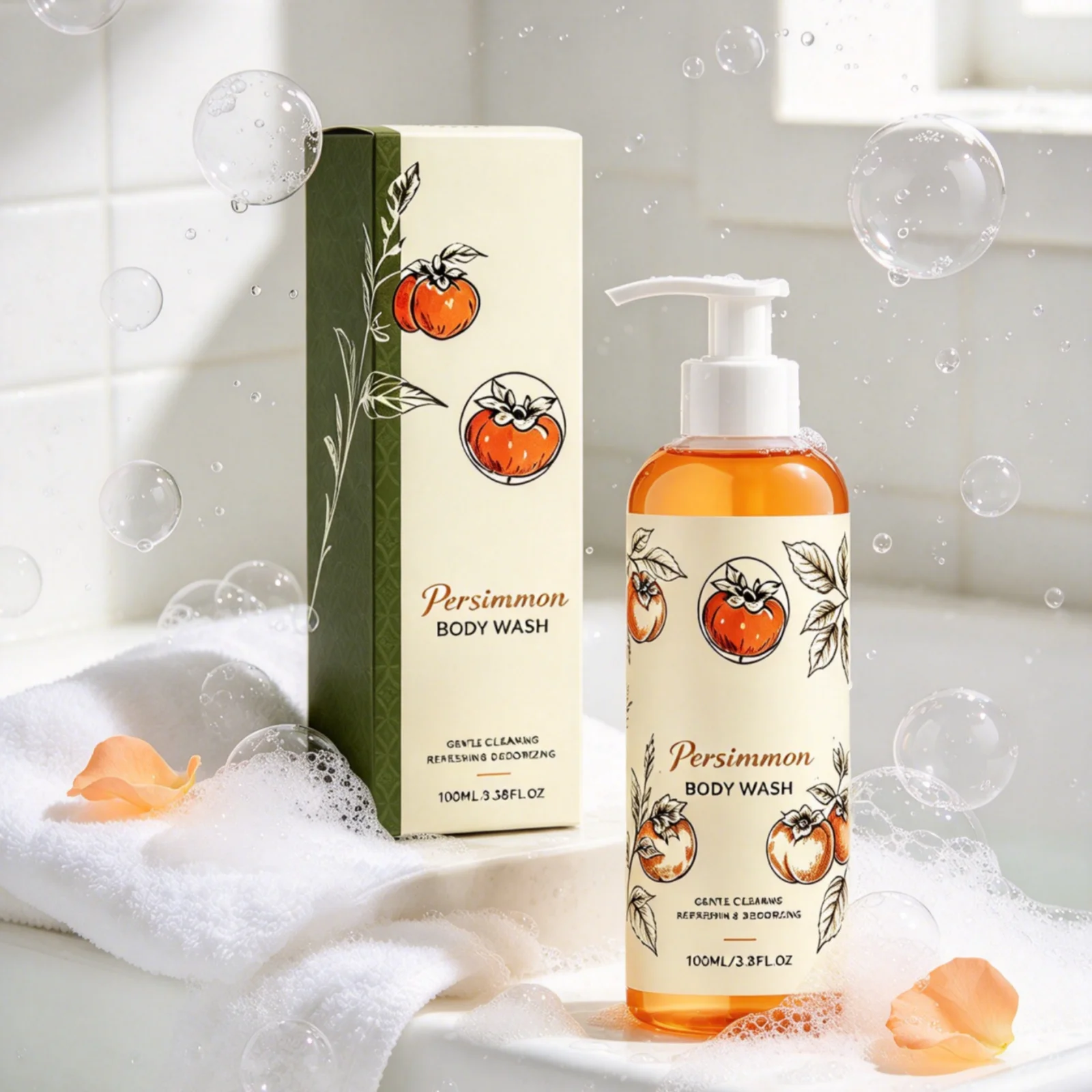Persimmon Body Wash Gentle Cleaning Long Lasting Moisturizing Relieve Dryness Soothes Skin Refreshing Rich Foam Shower Gel 100ml - Image 4