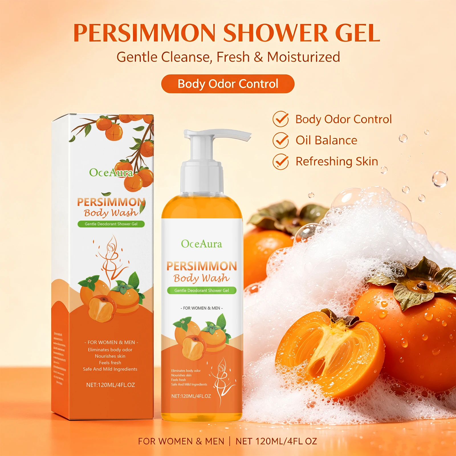 Persimmon Body Wash Shower Gel Oil Control Deodorant Shower Gel for Men Women Odor Eliminator Fresh Moisturized Skin Body Care - Image 2