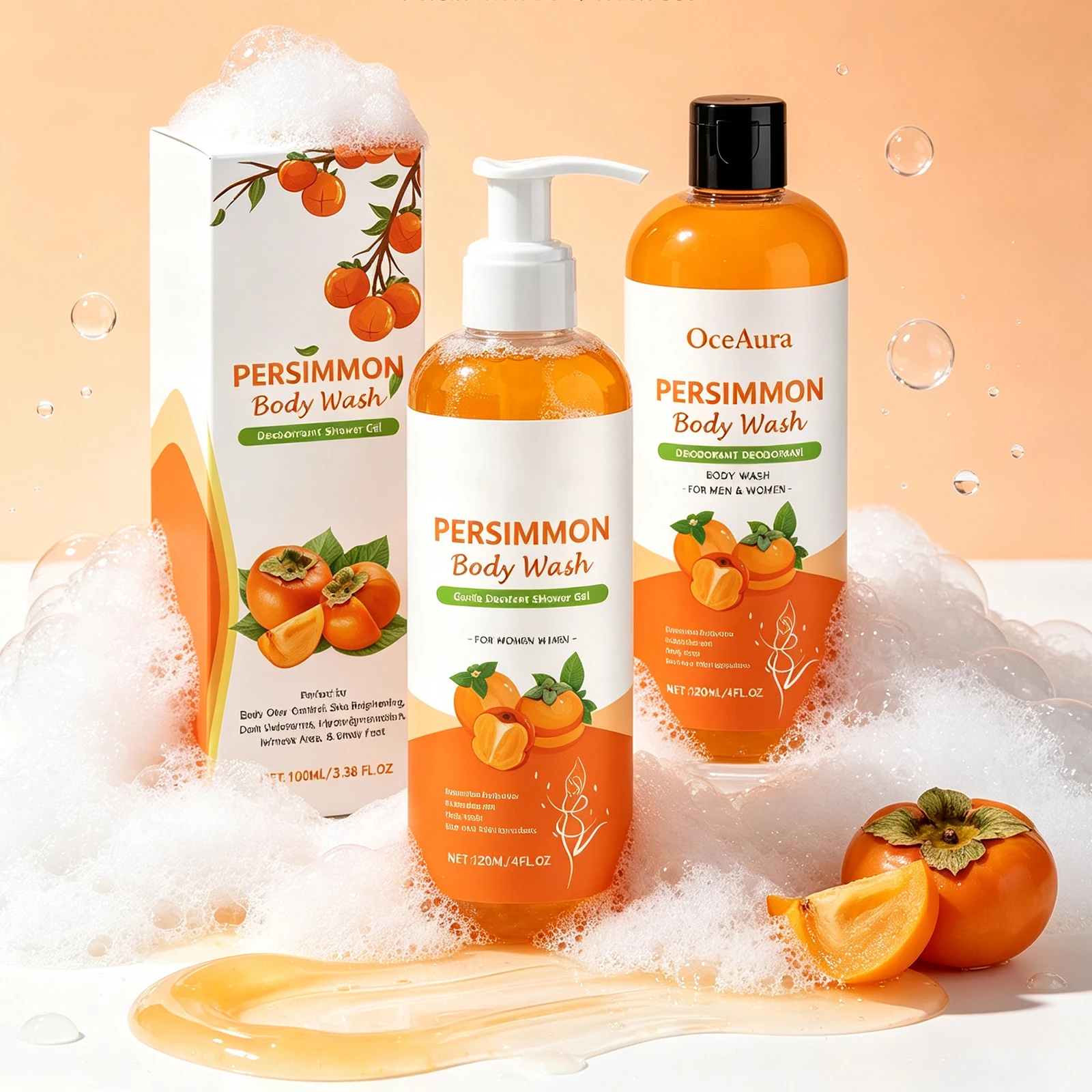 Persimmon Body Wash for Body Odor Removing Gentle Cleansing Refreshing Hydrating Shower Gel Daily Body Care Women Men Universal