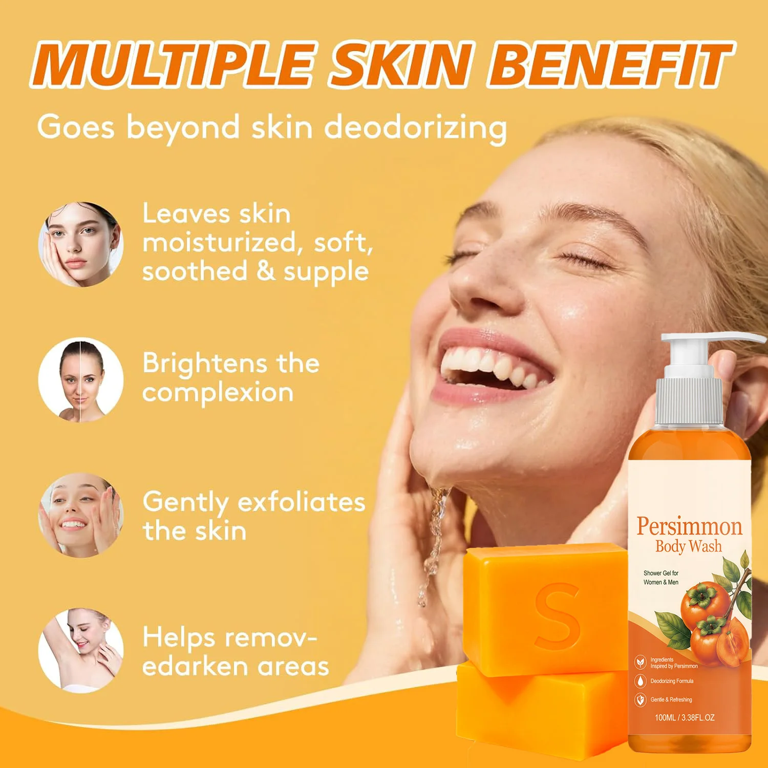 Persimmon Soap Bar and Persimmon Body Wash for Body Odor Control Natural Fruity Aroma Shower Cleanse Gel Bath Soap for Women&Men - Image 2