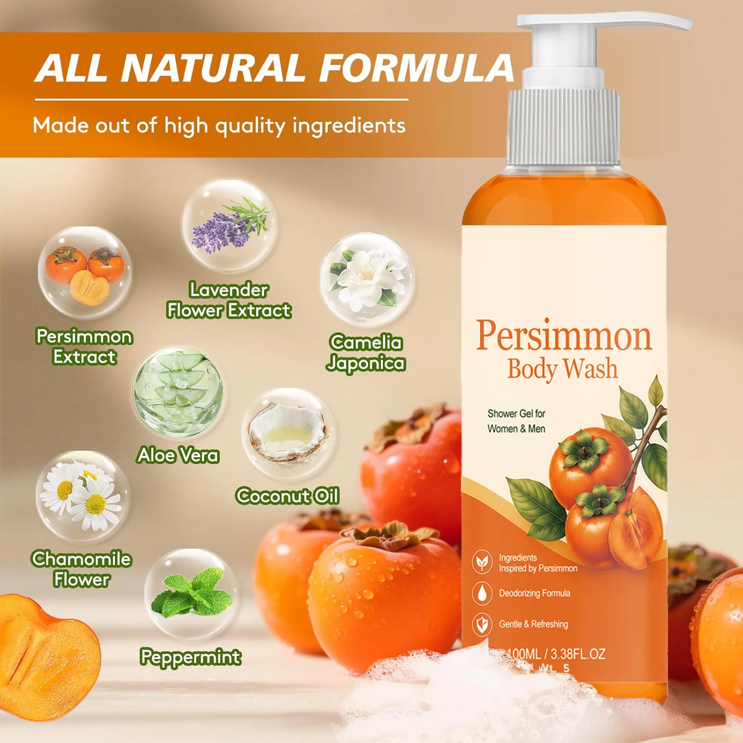 Persimmon Soap Bar and Persimmon Body Wash for Body Odor Control Natural Fruity Aroma Shower Cleanse Gel Bath Soap for Women&Men - Image 6