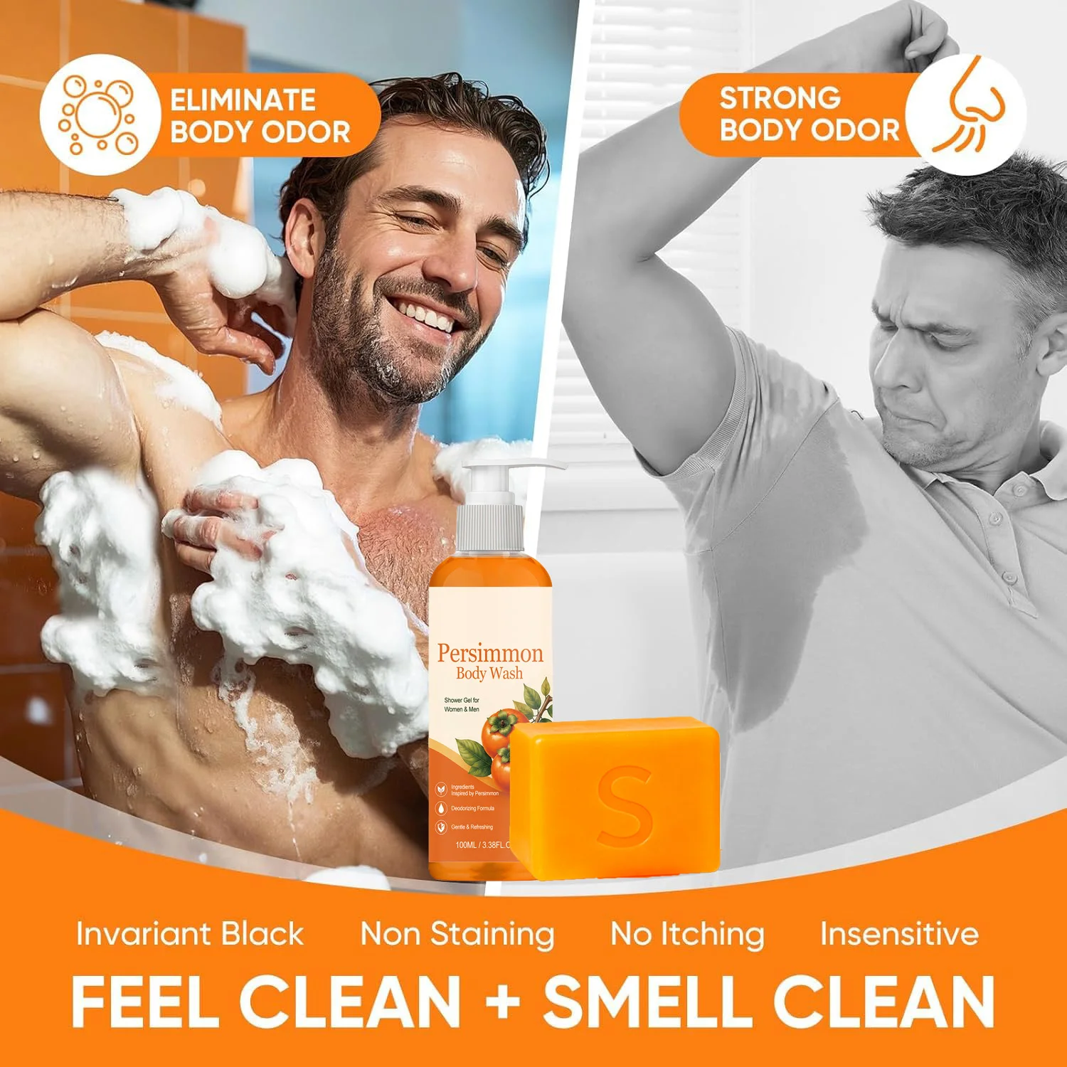 Persimmon Soap Bar and Persimmon Body Wash for Body Odor Control Natural Fruity Aroma Shower Cleanse Gel Bath Soap for Women&Men - Image 3