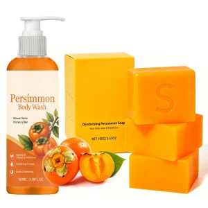 Persimmon Soap Bar and Persimmon Body Wash for Body Odor Control Natural Fruity Aroma Shower Cleanse Gel Bath Soap for Women&Men