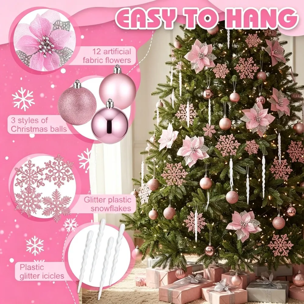 Pink Christmas Tree Ornament Set with Balls Snowflakes Poinsettia Flowers and Icicles for Xmas Home New Year Party Holiday Decor - Image 2