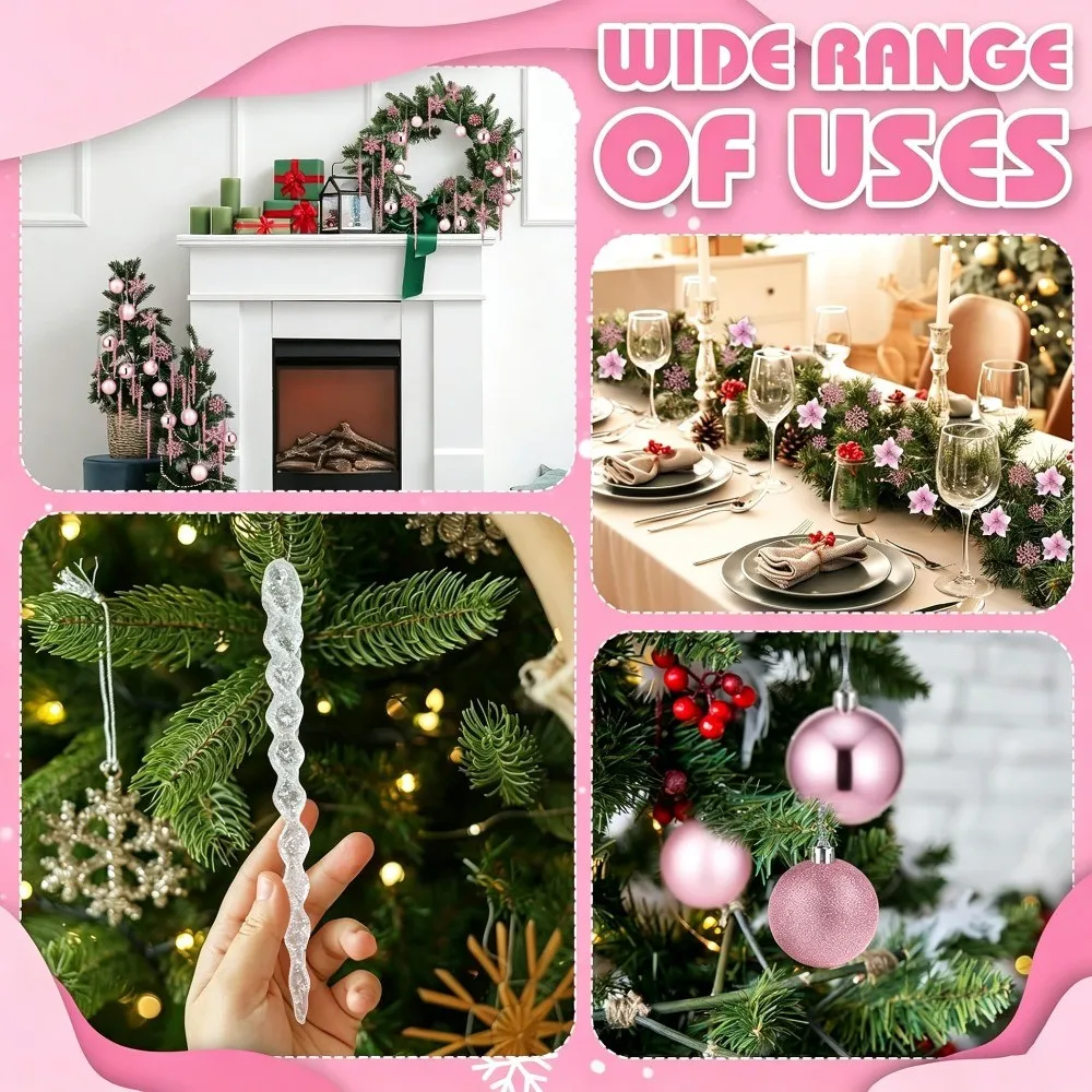 Pink Christmas Tree Ornament Set with Balls Snowflakes Poinsettia Flowers and Icicles for Xmas Home New Year Party Holiday Decor - Image 4
