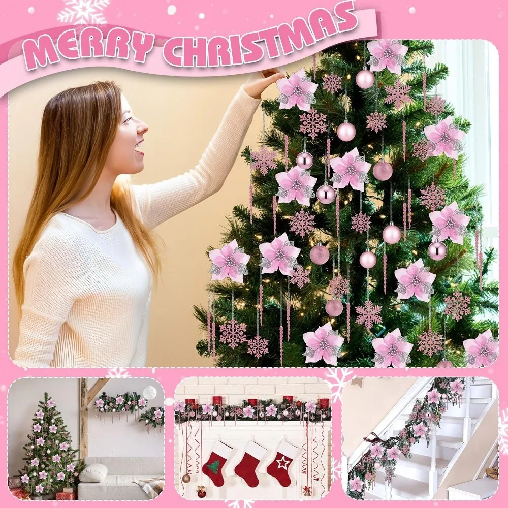 Pink Christmas Tree Ornament Set with Balls Snowflakes Poinsettia Flowers and Icicles for Xmas Home New Year Party Holiday Decor - Image 3