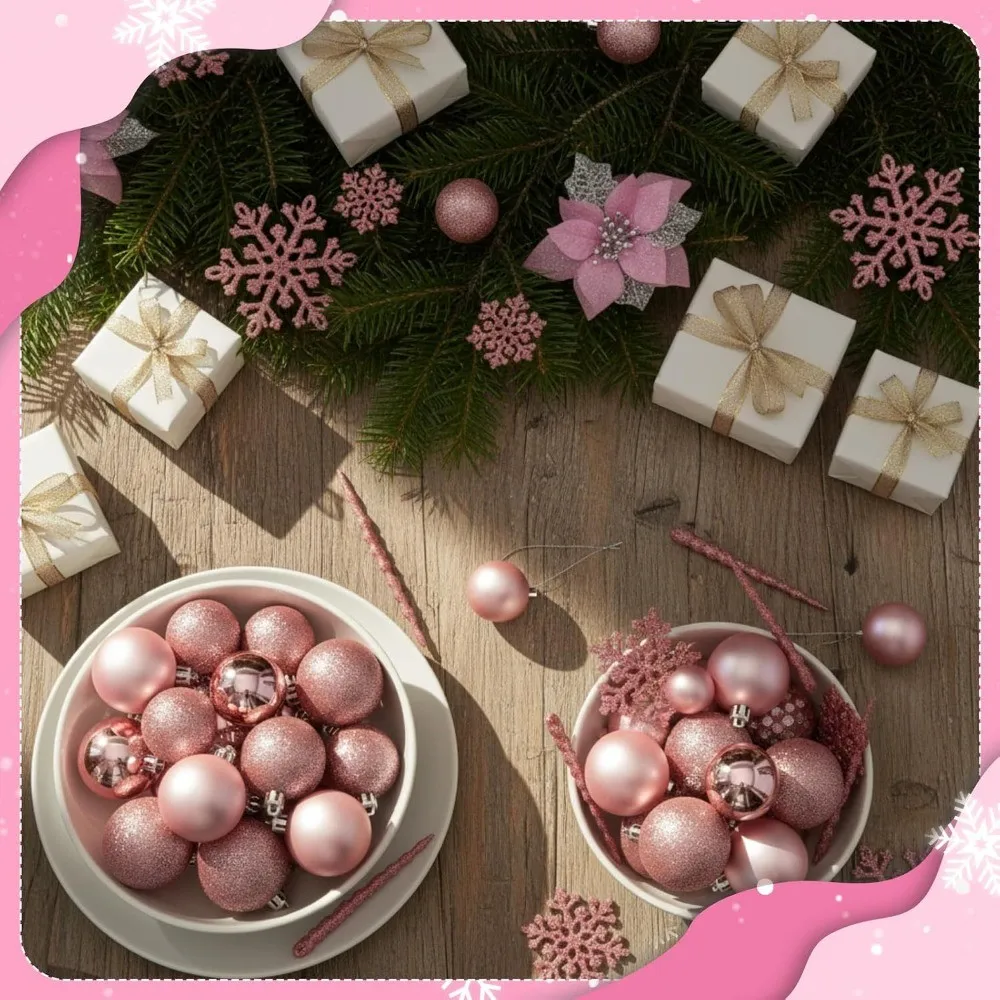 Pink Christmas Tree Ornament Set with Balls Snowflakes Poinsettia Flowers and Icicles for Xmas Home New Year Party Holiday Decor - Image 5
