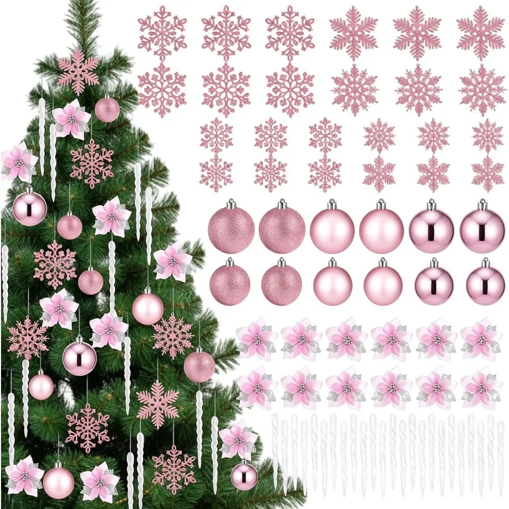 Pink Christmas Tree Ornament Set with Balls Snowflakes Poinsettia Flowers and Icicles for Xmas Home New Year Party Holiday Decor