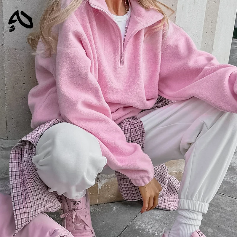 Pink Winter Lamb Fleece Hoodie Women Zipper Lapel Pullover флисовая кофта женская кофта женская - Image 2