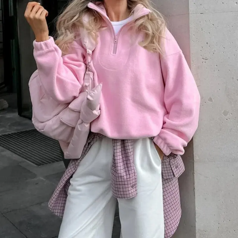 Pink Winter Lamb Fleece Hoodie Women Zipper Lapel Pullover флисовая кофта женская кофта женская