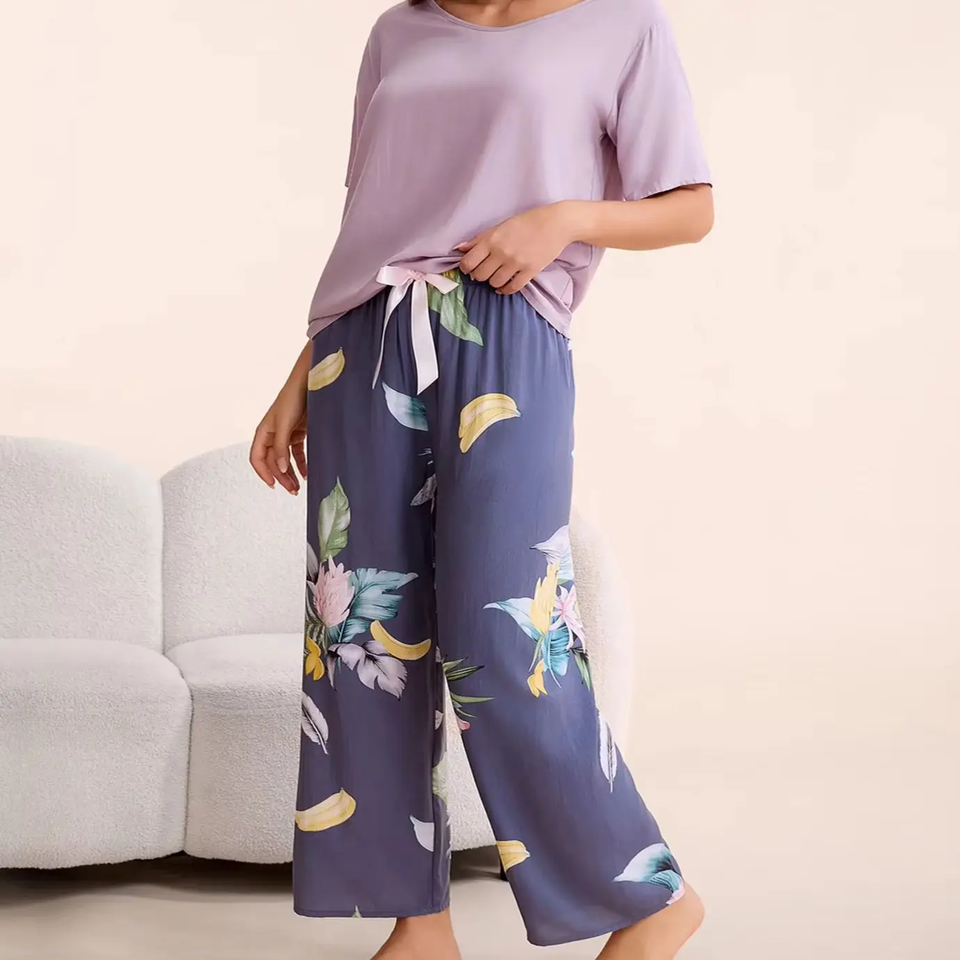 Plus Size S-6XL Women Pajamas Set T-Shirt Elastic Waist Lounge Pants Floral Print Home Sleepwear - Image 2