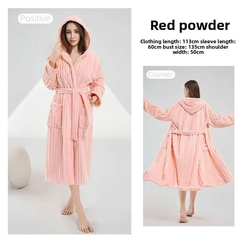 Plus Size Warm Winter Women Hooded Bathrobe Candy Bar Coral Fleece Nightgown Absorbent Quick Drying Breathable Skin Friendly - Image 2