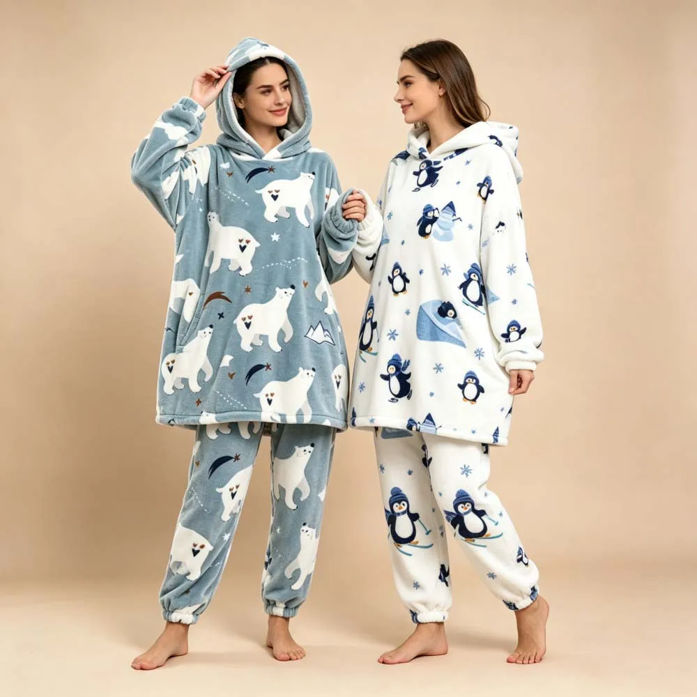 Plush Christmas Pajamas Set Matching Family Couples, Woman/Man Pajama Top Pants 2pcs Hooded Red Black Polar Fleece Home Clothing - Image 2