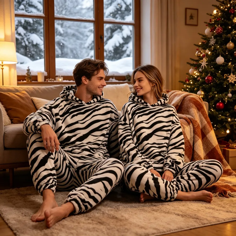 Plush Christmas Pajamas Set Matching Family Couples, Woman/Man Pajama Top Pants 2pcs Hooded Red Black Polar Fleece Home Clothing - Image 5