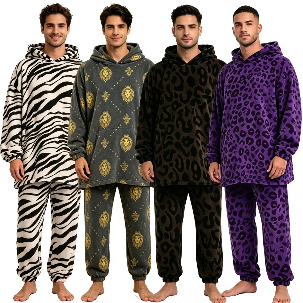 Plush Christmas Pajamas Set Matching Family Couples, Woman/Man Pajama Top Pants 2pcs Hooded Red Black Polar Fleece Home Clothing - Image 3