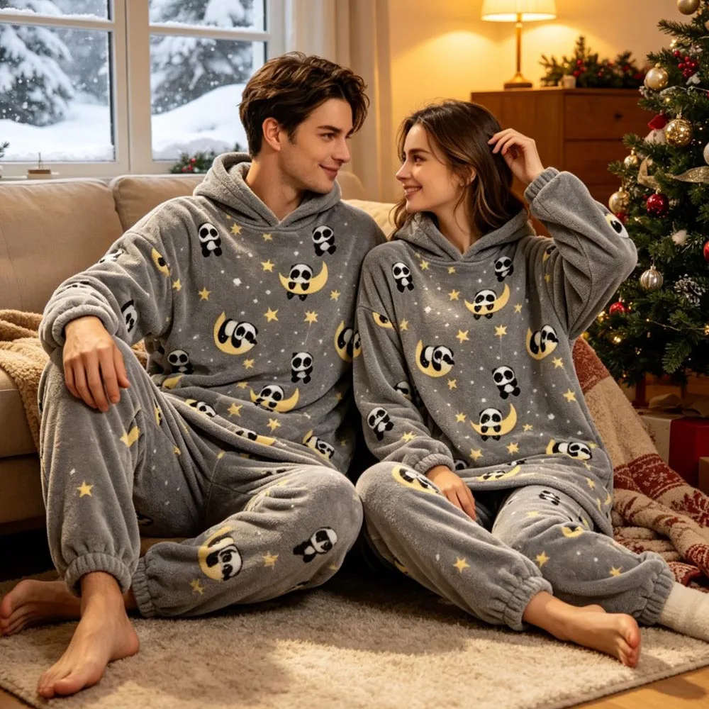 Plush Christmas Pajamas Set Matching Family Couples, Woman/Man Pajama Top Pants 2pcs Hooded Red Black Polar Fleece Home Clothing - Image 4