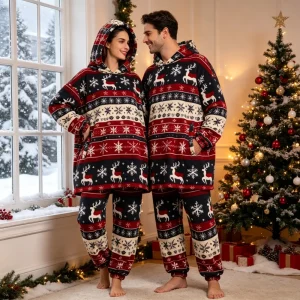 Plush Christmas Pajamas Set Matching Family Couples, Woman/Man Pajama Top Pants 2pcs Hooded Red Black Polar Fleece Home Clothing