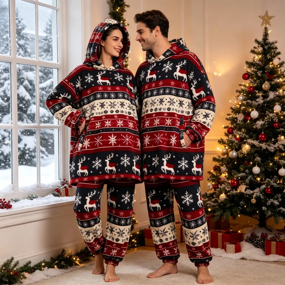 Plush Christmas Pajamas Set Matching Family Couples, Woman/Man Pajama Top Pants 2pcs Hooded Red Black Polar Fleece Home Clothing