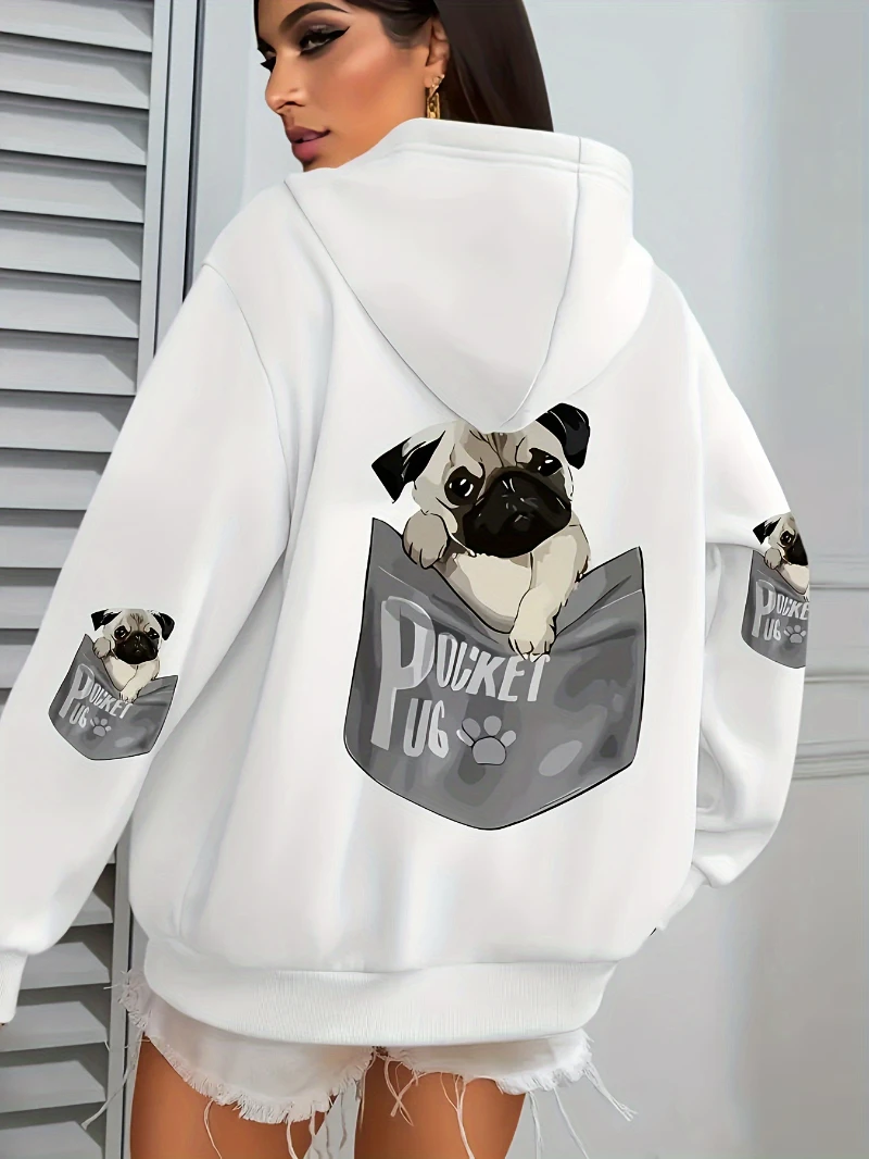Pocket Pug Hoodies Women Cartoons dog Prints Plus Size Pockets Hoodie Winter Fleece Warm Sweatshirts Street Comfy Animal Clothes - Image 2
