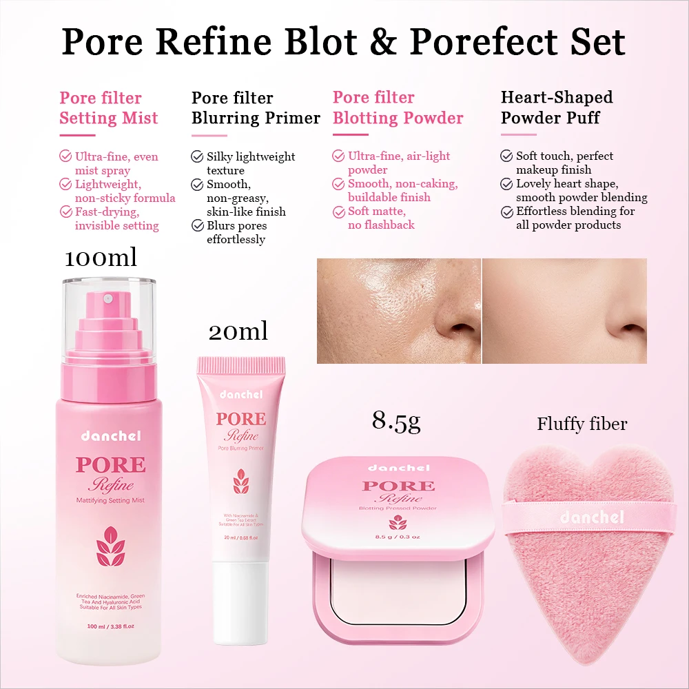 Pore Refine Blot & Porefect Set Pore-Blurring 12h Matte Oil Control Primer, Setting Spray, Touch-up, Powder Puff 4PCS Makeup Kit - Image 2