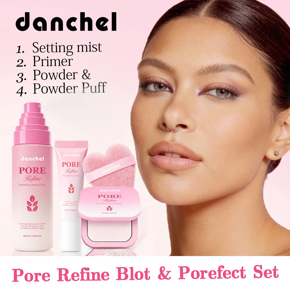 Pore Refine Blot & Porefect Set Pore-Blurring 12h Matte Oil Control Primer, Setting Spray, Touch-up, Powder Puff 4PCS Makeup Kit - Image 4