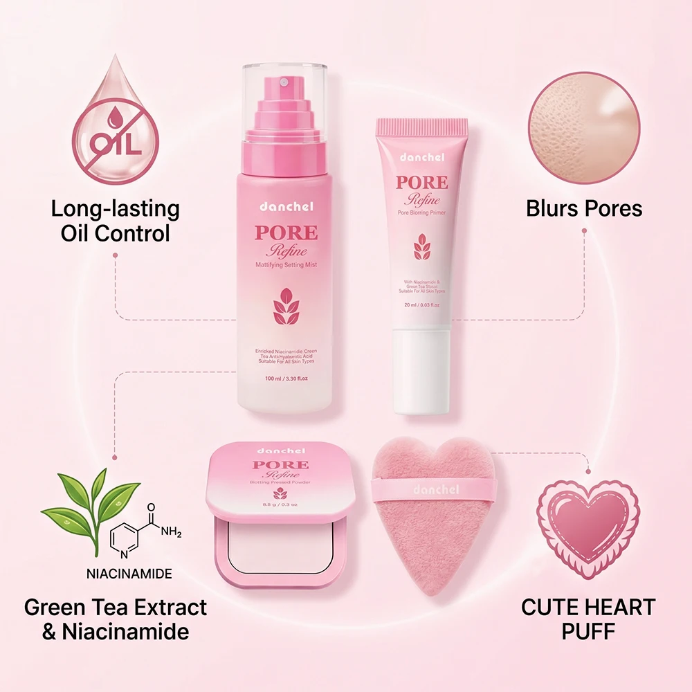 Pore Refine Blot & Porefect Set Pore-Blurring 12h Matte Oil Control Primer, Setting Spray, Touch-up, Powder Puff 4PCS Makeup Kit - Image 3
